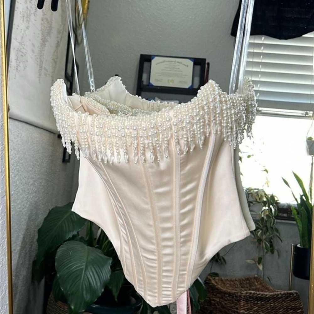 House of CB Corset - Elegant Cream Beaded Women's Top - bridal/bachelorette
